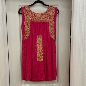 Embroidered Hot Pink Midi Dress with Gold Detailing